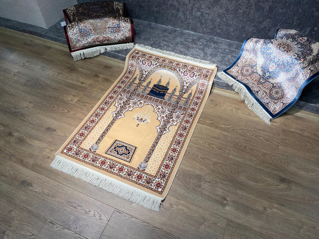 Kaaba Pattern Bamboo Silk Prayer Rug, Muslim Sejjadeh, Ramadan Gift